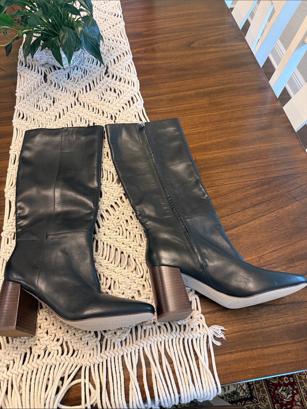 Calvin Klein Black Leather Mid-Calf Block Heel Boots